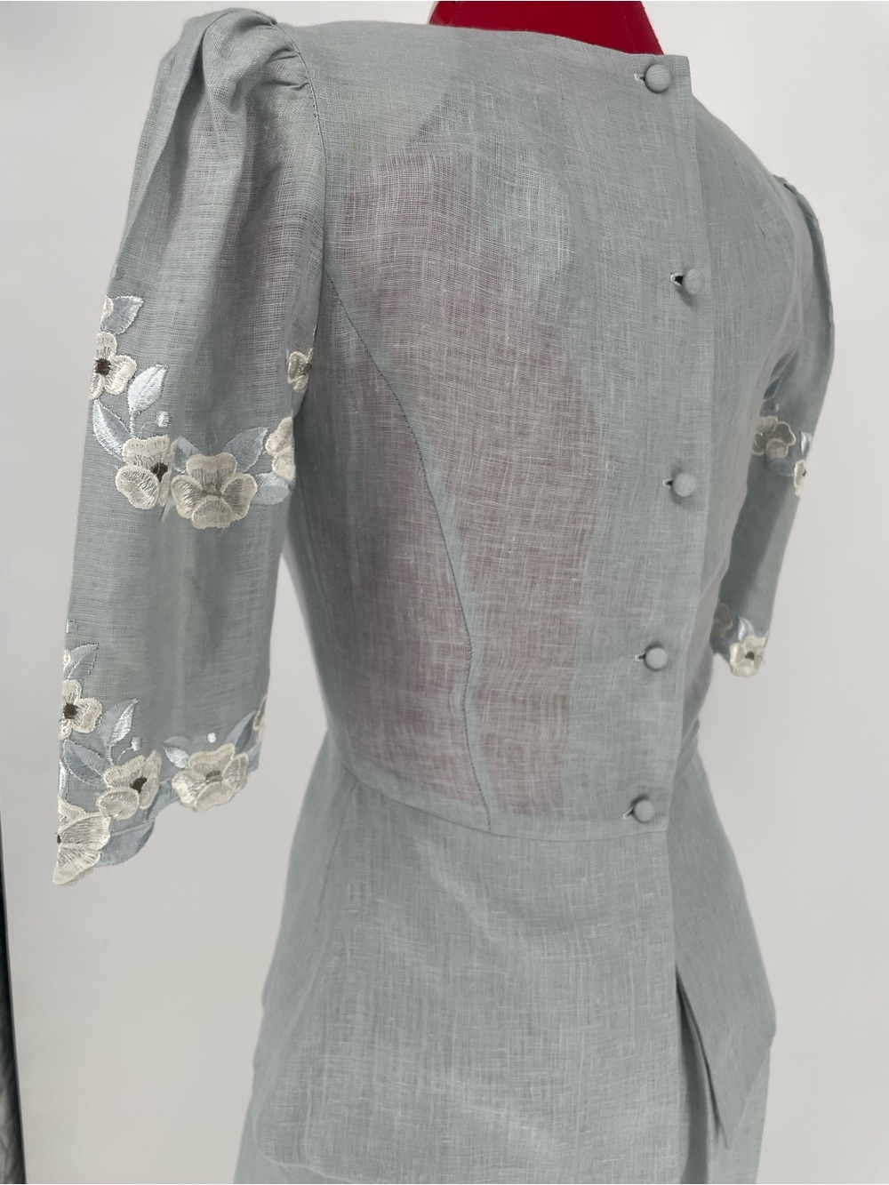 100% Linen 80s Slate Gray Blue 2 Piece Skirt Set Cottagecore Floral Embroidery - Picture 14 of 14
